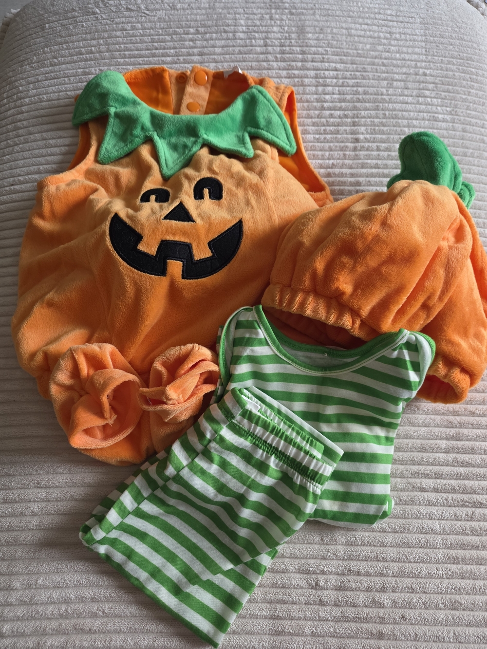 Target Orange Pumpkin Costume with Green Leaf Collar and Striped PJ Set